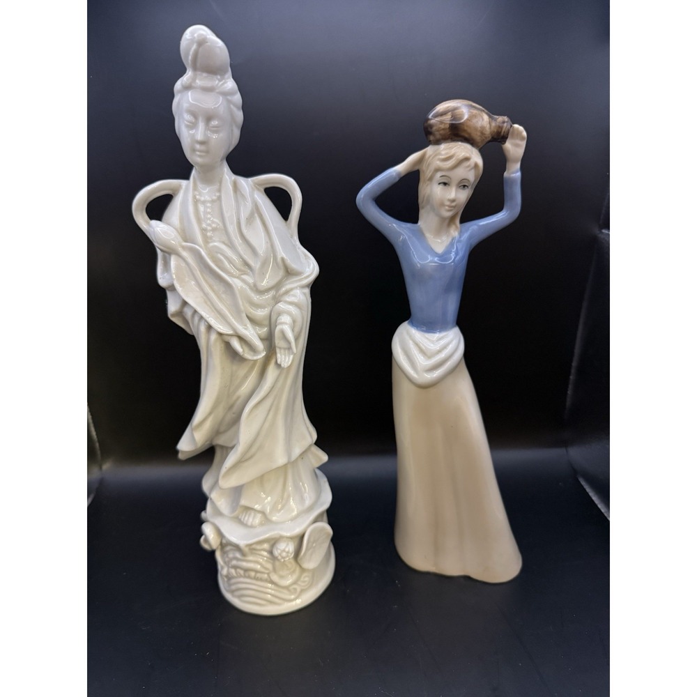 2 Figurines – Guanyin Goddess Porcelain Statue & Woman with Jug UNCOR Vintage